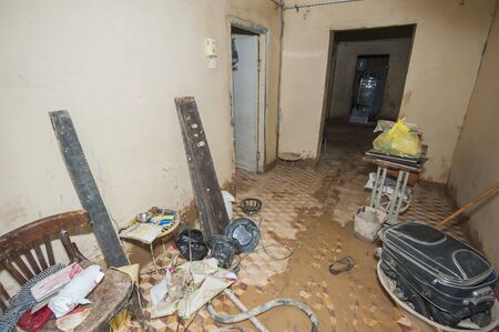 Interior of a poor African slum house showing devastation following a major flooding natural disasterのeditorial素材
