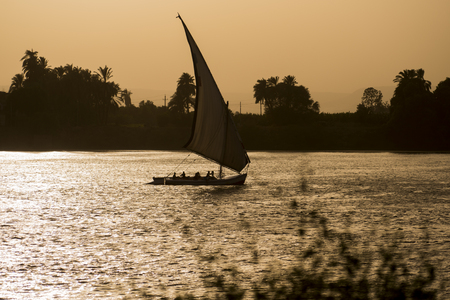 Traditional egyptian felluca sailing boat on river Nile in silhouette at dusk sunsetの写真素材