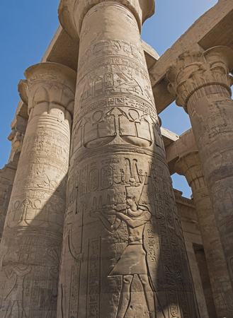 Columns with hieroglyphic carvings in hypostyle hall at anciant egyptian Kom Ombo Templeの写真素材