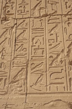 Hieroglypic carvings on wall at the ancient egyptian Karnak temple in Luxor