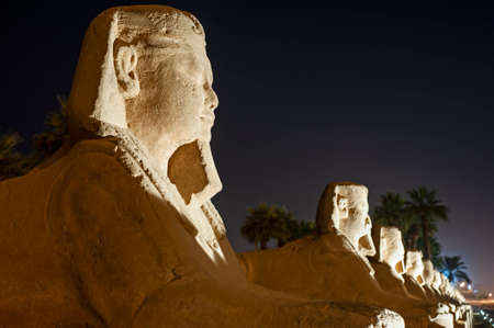 Statues at avenue of sphinxes in ancient egyptian Luxor Temple