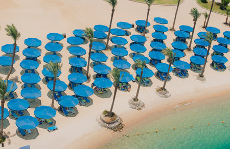 Aerial view above tropical beach in luxury hotel with umbrella parasols and palm treesの写真素材