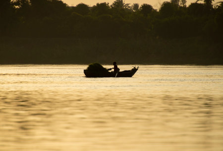 Silhouette of traditional egyptian bedouin fisherman in rowing boat on river Nile fishing by riverbankの写真素材