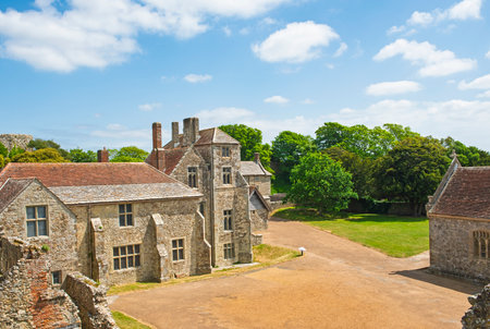 View of the great hall building within grounds of old medieval anglo-saxon castle ruins showing architecture and designの写真素材