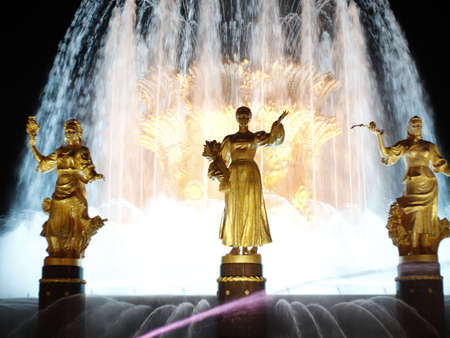 Moscow/Russia-09.07.2019 : fountain of friendship of peoples at VDNH. Night photo with illuminationsのeditorial素材
