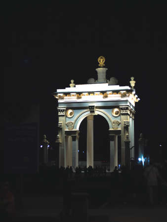 Moscow/Russia-09.07.2019 : arch on VDNH. Night photo with illuminationsのeditorial素材