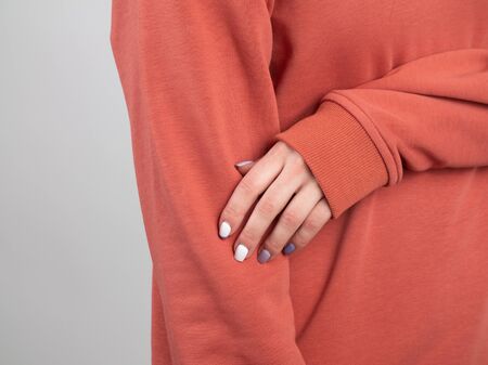 women's fingers in close-up. beautiful outline of a photo of hands. fashion trends in spring 2020の写真素材