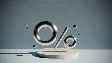 Discount sign for products presentation. Dark gray background, light podium, metallic circles in air. 3d render. 3d illustrationの写真素材