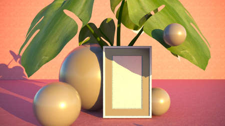 Abstract mock up podium scene for product presentation. Abstract geometric spheres, frame for your text, and plant on the back. 3d renderingの写真素材