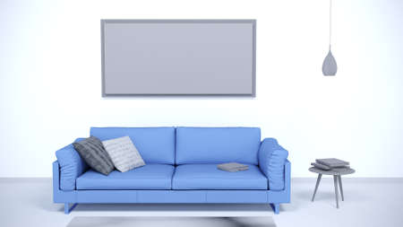 minimalist living room interior with sofa, table with books, light gray floor, frame with empty space fot your text on a large wallの写真素材