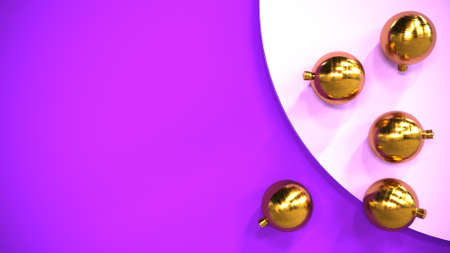 a set of gold Christmas balloons on purple background. blank for designers. 3D rendering