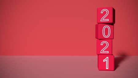 Blocks with sign 2021 on a red background. 3D renderingの写真素材