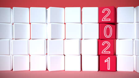 Blocks with sign 2021 on a red background. 3D renderingの写真素材