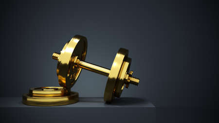 3d rendering, one gold professional dumbbell for fitness and bodybuilding on black backgroundの写真素材