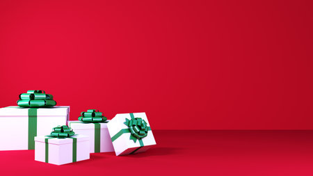 Product background for New year, Christmas and sales concept. Gift boxes with ribbon bow on red background. 3d renderingの写真素材