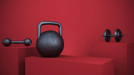 3d rendering. iron fitness equipment in red podiumの写真素材