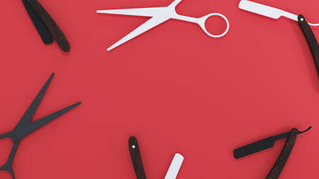 3d rendering. scissors, a straight razor on a red background. space for your text or adの写真素材