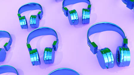 3d rendering. abstract background blue headphones on pink deskの写真素材