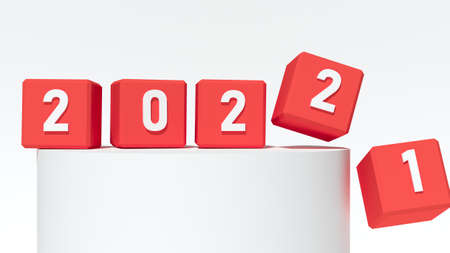 Abstract 2021 to 2022 new year concept transition with red cubes with white background. Change calendar. Minimalist style counter. 3d renderの写真素材