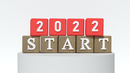 Red Blocks With number 2022 and START. New year concept. Copy space. 3d renderingの写真素材