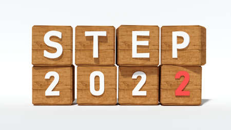 wood puzzle of year 2022 with word step, 3D renderingの写真素材
