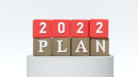 Red Blocks With number 2022 and PLAN. New year concept. Copy space. 3d renderingの写真素材