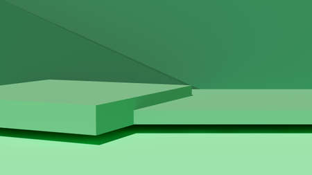 podiums on green background. Abstract pedestal scene with geometrical. Scene to show cosmetic products presentation. Mock up design empty space. Showcase, shopfront, display case, 3d renderの写真素材