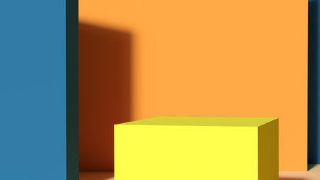 yellow podiums on an orange background. Abstract scene on a pedestal with a geometric one. Layout of the empty space design. 3d rendering.の写真素材