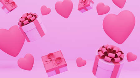Valentine's Day sale pink background. composition with gift boxs and hearts. 3d renderの写真素材