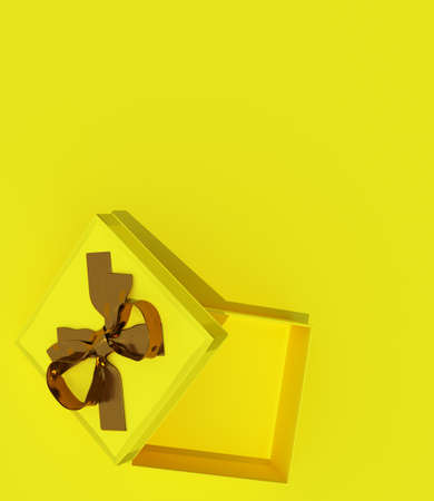 3d render. Open golden gift boxe in the yellow room. Vertical renderの写真素材