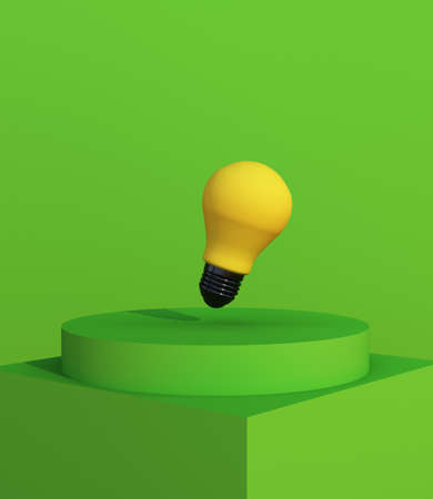 green 3d rendering geometrical podium with yellow bulb for product displayの写真素材