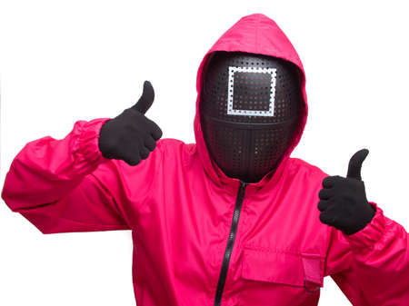 Moscow, Russia- 08 Novemnver 2021: Guard from Squid Game with big with a thumbs up signのeditorial素材