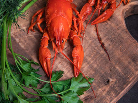 boiled red crayfish background for menu. top view, close up photo. a plate of cooked crayfish.の写真素材