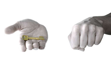 A pair of hands with one revealing the profit of correct choiceの写真素材