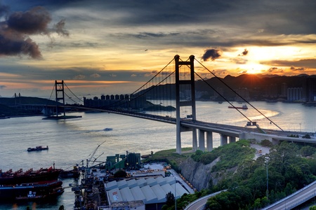 Tsing Ma Bridge sunsetの写真素材