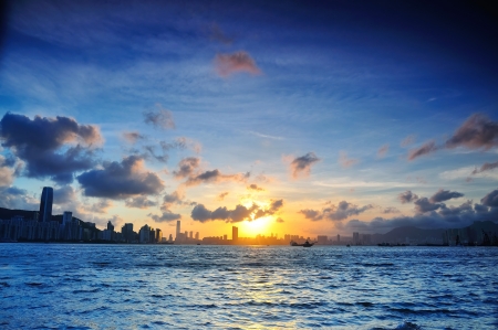 Sunset between the Victoria Harbour, Hong Kong 