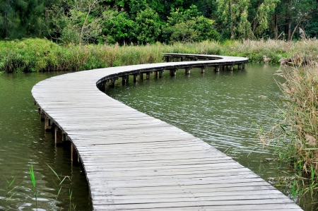 Hong Kong Wetland Park wooden walk wayの写真素材