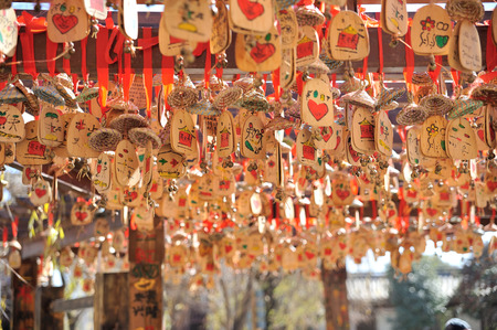Wishing wooden plaque hanging on woodの写真素材