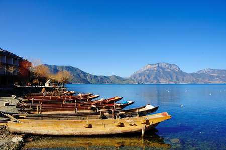Lugu Lake in Yunnan, Chinaの写真素材