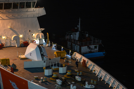 Tsim Sha Tsui, Hong Kong - Apr 15, 2019: USCGC Bertholf visiting Hong Kong. Docking on Ocean Terminal.のeditorial素材