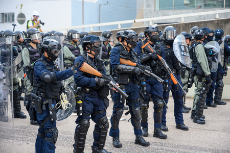 Hong Kong - Aug 24, 2019: Protest in Kwun Tong, Hong Kong against surveillance tower.