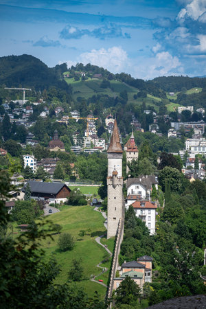 Historical city wall and towers of Lucerne Old townの写真素材