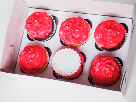 Cupcakes with place for inscription or name on mastic.の写真素材