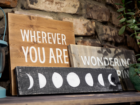 Wood boards with copyspace. Brick wallの写真素材