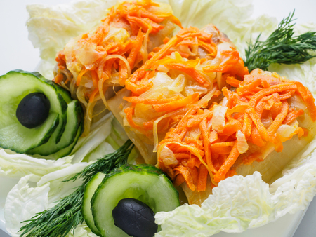 Stuffed cabbage with green and carrot on the plate.の写真素材