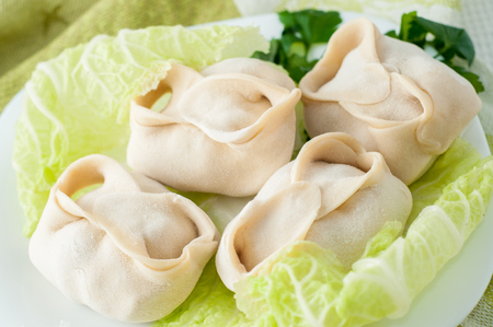 Frozen dumplings on the white plate with green.の写真素材