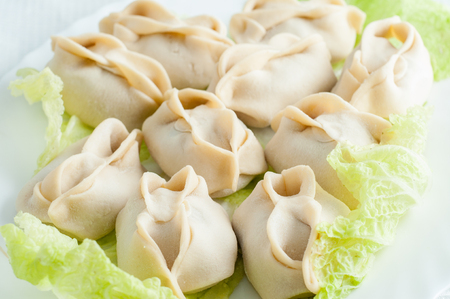 Frozen dumplings on the white plate with green.の写真素材