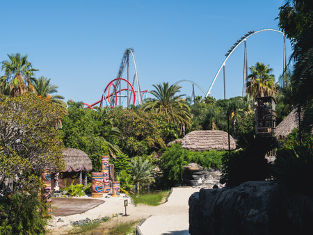 PORT AVENTURA, SPAIN - SEPTEMBER, 9. Attractions  in the park Port Aventura on September 9, 2017 in city Salou, Catalonia, Spain.のeditorial素材