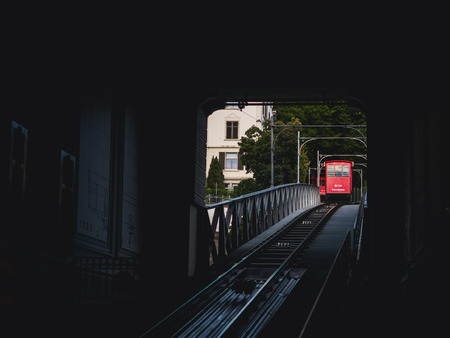 Zurich, Switzerland - September 18, 2017: Red funicular of Zurich city center, Switzerland.のeditorial素材