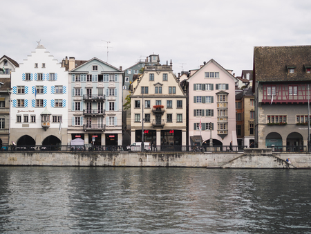 ZURICH, SWITZERLAND - SEPTEMBER 18, 2017: View river Limmat of Zurich city day, Switzerland.のeditorial素材